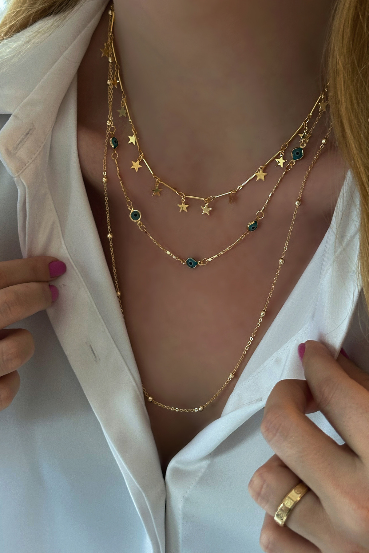 Trendy Butik Üçlü Top Zincir, Nazar Ve Yıldız Detaylı Tek Kolye