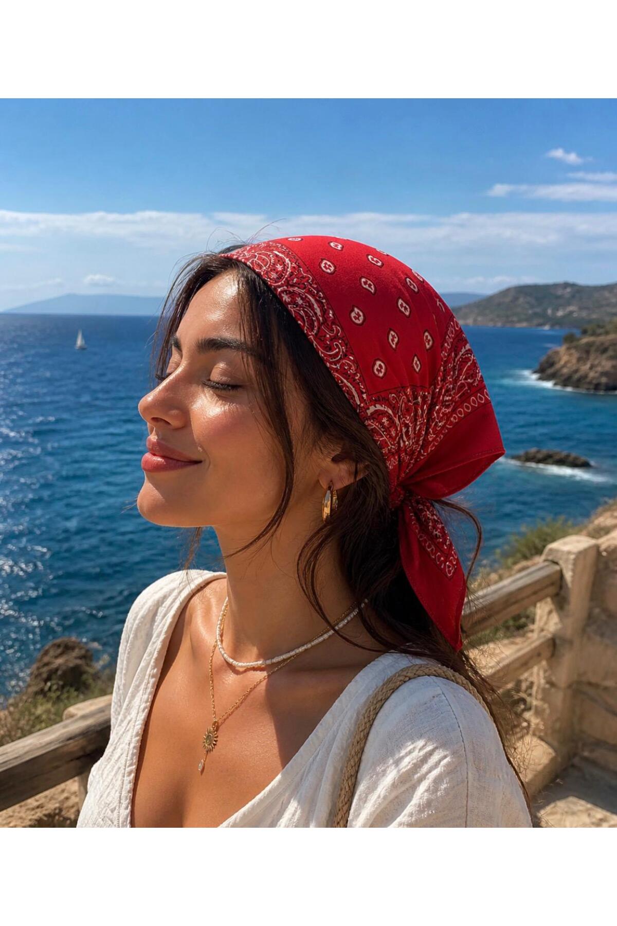 ÖrgüYastik % 100 Pamuk Etnik Desen Bandana - Fular ( KIRMIZI )