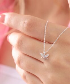 Bilsen Store 925 Ayar Gümüş Zincirli Beyaz Zirkon Taşlı Minimal Yusufçuk Kolye
