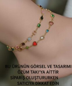 Alternative view of ÖZÜM TAKI Kadın Çelik 2'li Renkli Kalp Kare Taşlı Halhal Gold