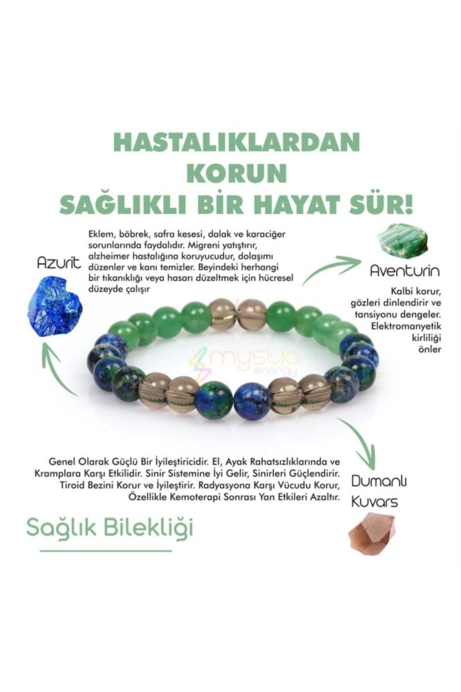 Mystic Energy Sertifikalı Sağlık Ve Şifa Tılsım Bilekliği |dumanlı Kuvars - Aventurin - Azurit| Hediyelik Doğaltaş