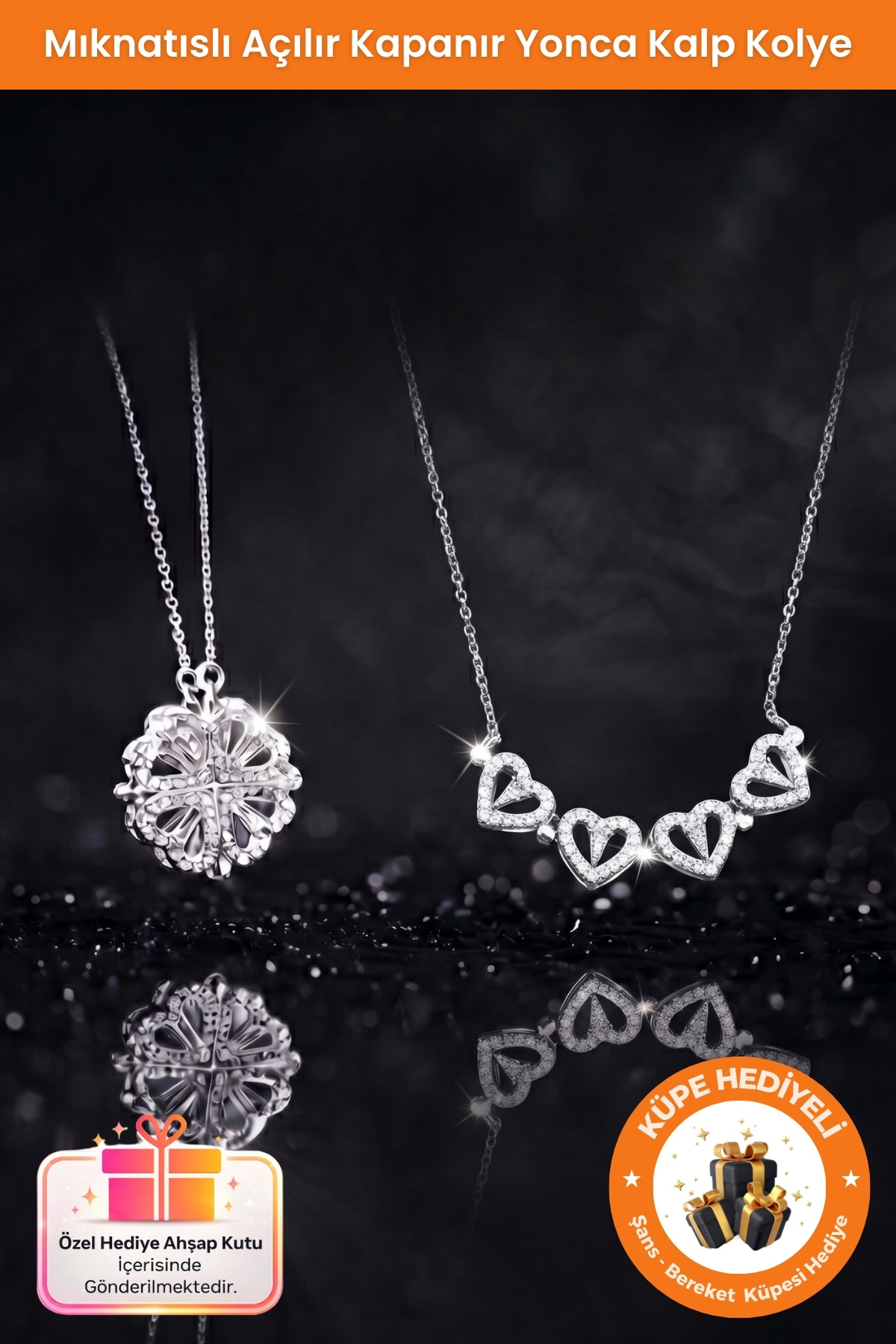 Lucente Jewellery 925 Ayar Mıknatıslı Açılır Kapanır Kalp Yonca Gümüş Kaplama Aşk Şans Bereket Hediyelik Tasarım Kolye
