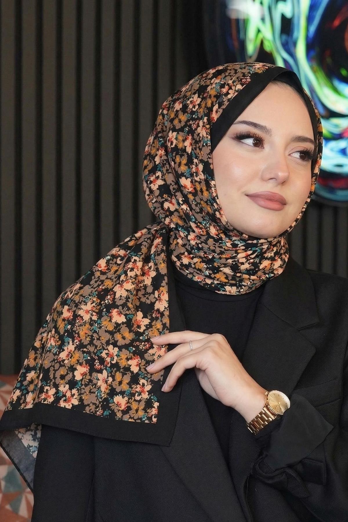 AFVENTE Akışkan Çiçek Desen Karamel Soft Pamuk Şal