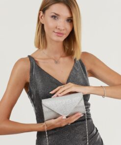 efnanstore Gümüş Çizgili Çupra Abiye Çanta Portföy Clutch Çanta
