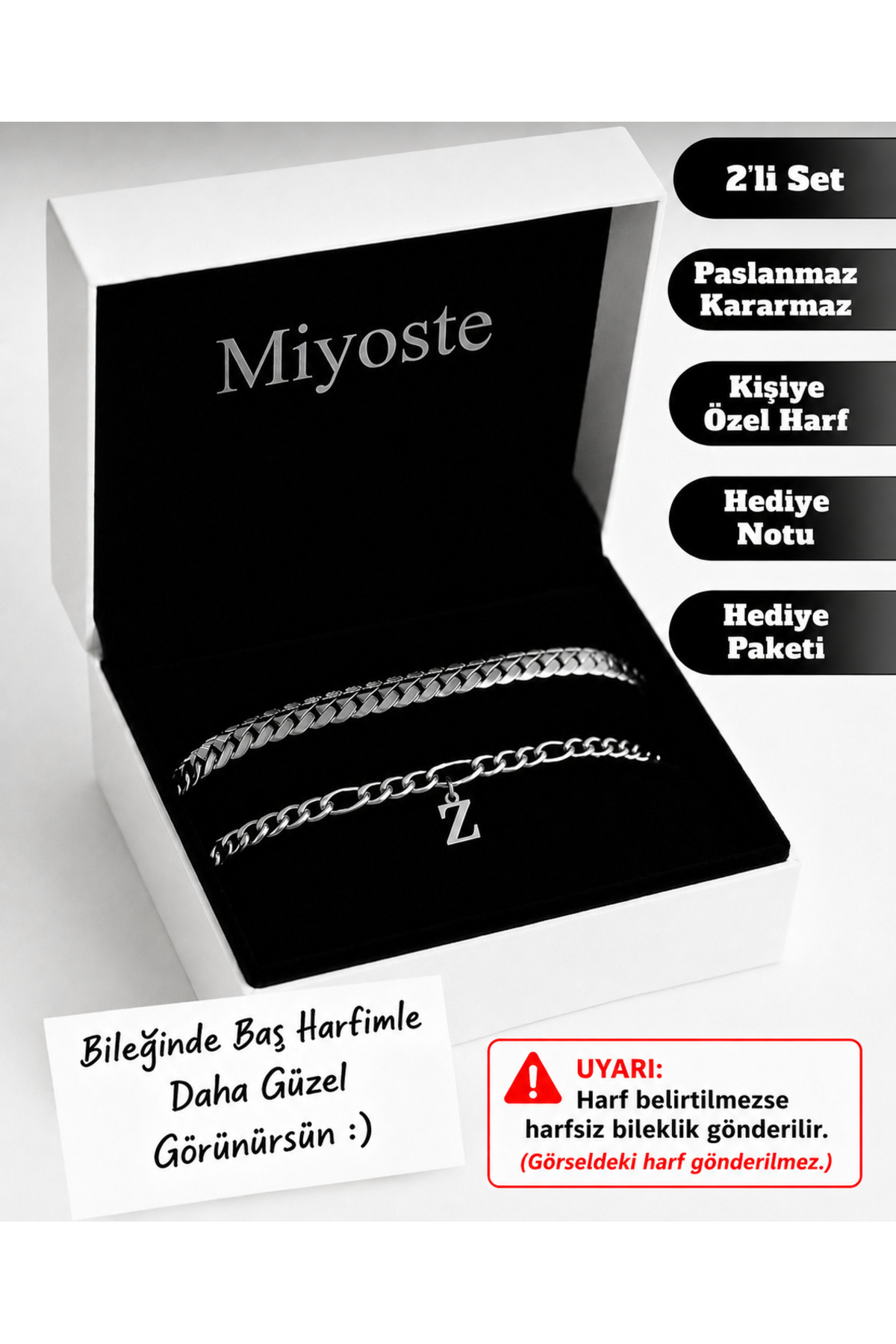 Miyoste Kişiye Özel Harfli Bileklik Çift Bilekliği, Lüx Çelik Kararmaz 2 Adet Sevgiliye,Arkadaşa,Eşe Hediye