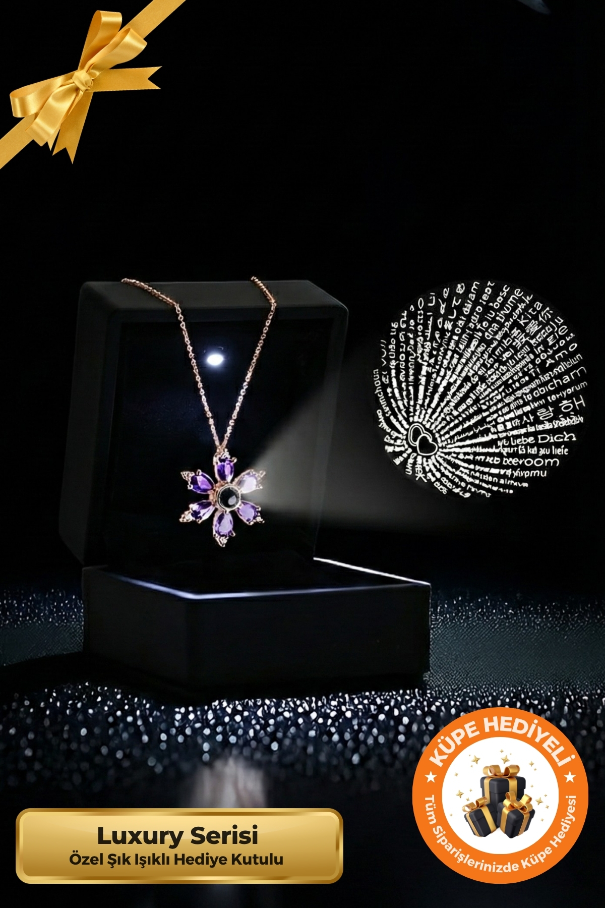 Lucente Jewellery Işıklı Hediye Kutulu 100 Dilde Seni Seviyorum Yazan 925 Ayar Gümüş Kaplama Aşk Lotus Çiçeği Kolye