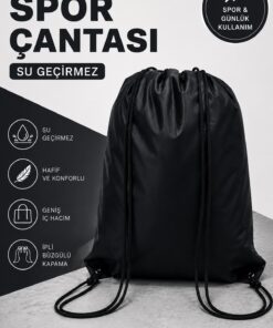 Ferzin Su Geçirmez İpli Büzgülü Profesyonel Spor Çantası - Gym, Fitness ve Antrenman Sırt Çantası - Siyah