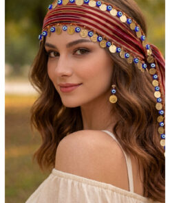 ASYA PAZARLAMA Karadeniz Bandana, Dolu Nazar Boncuklu Ve Liralı Keşan, Fular, Şal, Saç Bandı, Bandana, Puşi