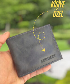 YNS LEATHER Gri Erkek Cüzdan isim Baskılı Kişiye Özel