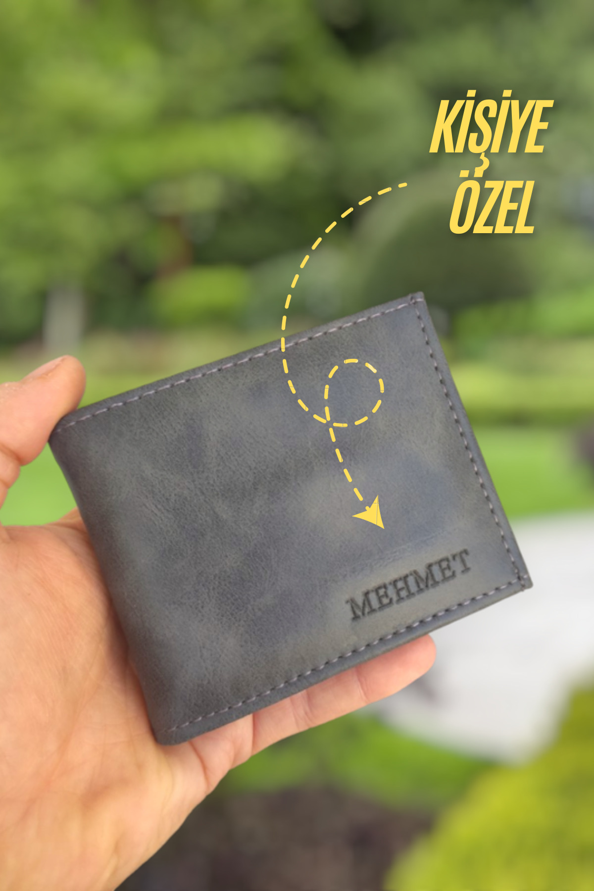YNS LEATHER Gri Erkek Cüzdan isim Baskılı Kişiye Özel