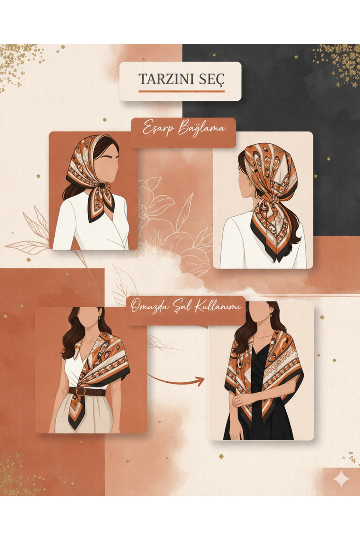 tarzınısec Tarzını Seç Kahverengi Zebra Fular / Bandana / Aksesuar / Şal / Eşarp 70x70 - Görsel 3