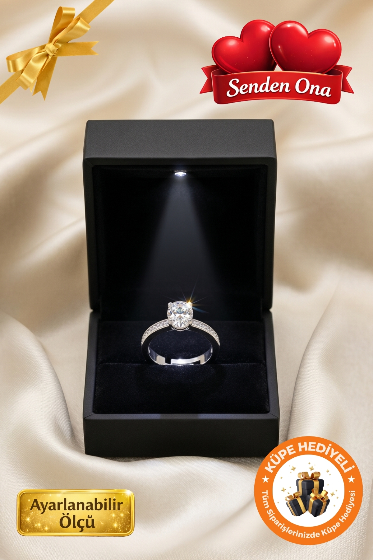 Lucente Jewellery Işıklı Hediye Kutulu Tek Taş 925 Ayar Gümüş Kaplama Ayarlanabilir Oval Kesim Pırlanta Zarif Yüzük