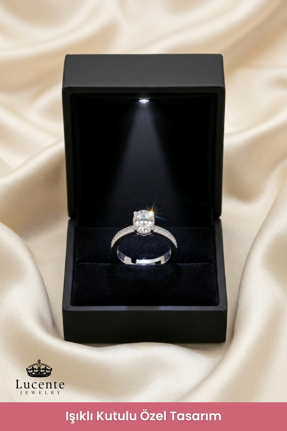 Lucente Jewellery Işıklı Hediye Kutulu Tek Taş 925 Ayar Gümüş Kaplama Ayarlanabilir Oval Kesim Pırlanta Zarif Yüzük - Görsel 3