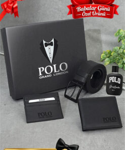POLOGRAND London 4'lü Set Özel Kutulu Babalar Günü Hediyesi İçin Babaya Hediyelik Parfüm Kemer Cüzdan Kartlık Seti