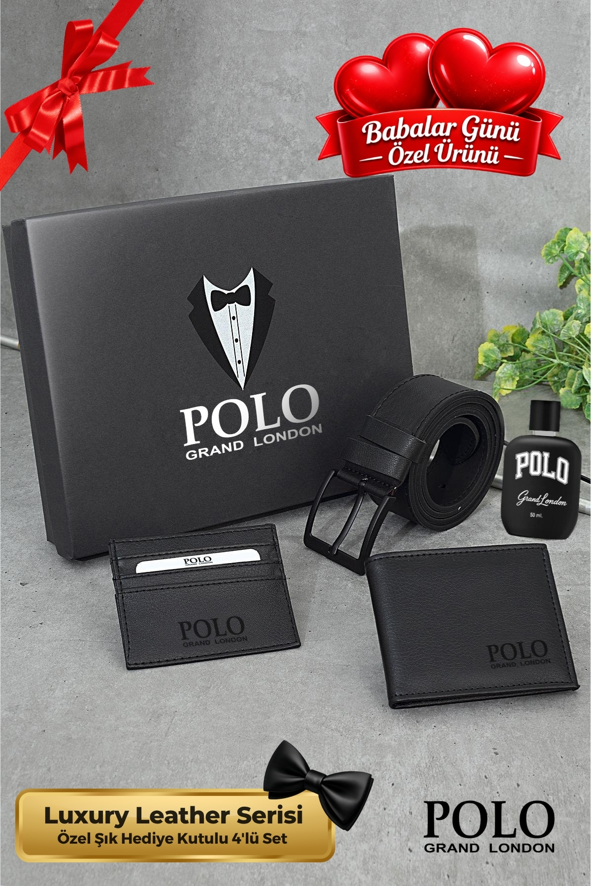 POLOGRAND London 4'lü Set Özel Kutulu Babalar Günü Hediyesi İçin Babaya Hediyelik Parfüm Kemer Cüzdan Kartlık Seti
