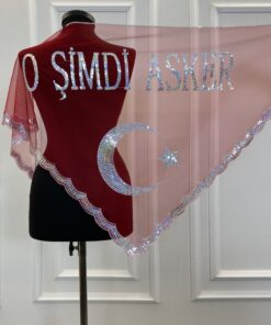 ZEYMERADE O Şimdi Asker Şalı Örtüsü, Kırmızı Kına Omuz Örtüsü Ayyıldız Pullu