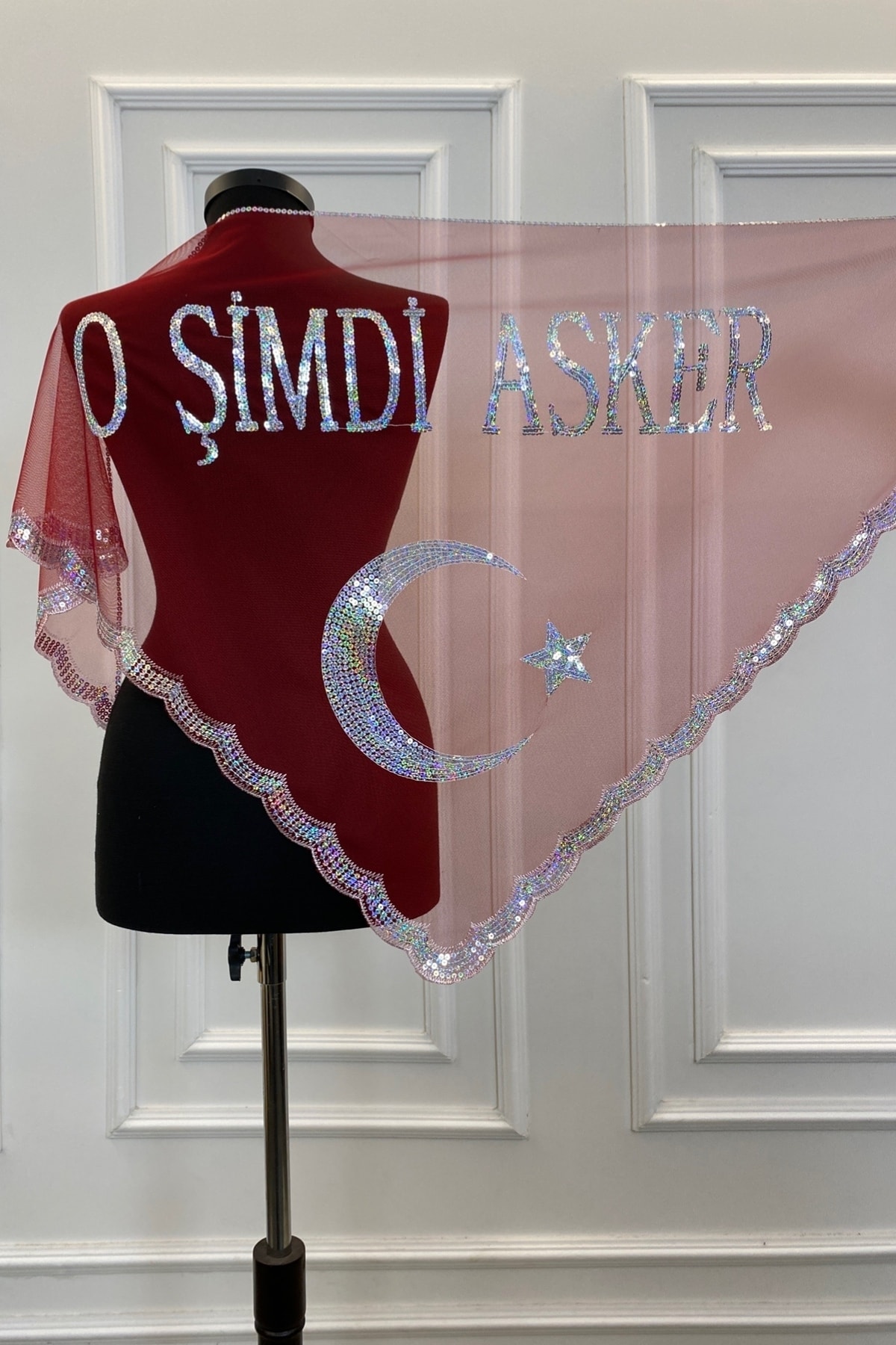 ZEYMERADE O Şimdi Asker Şalı Örtüsü, Kırmızı Kına Omuz Örtüsü Ayyıldız Pullu