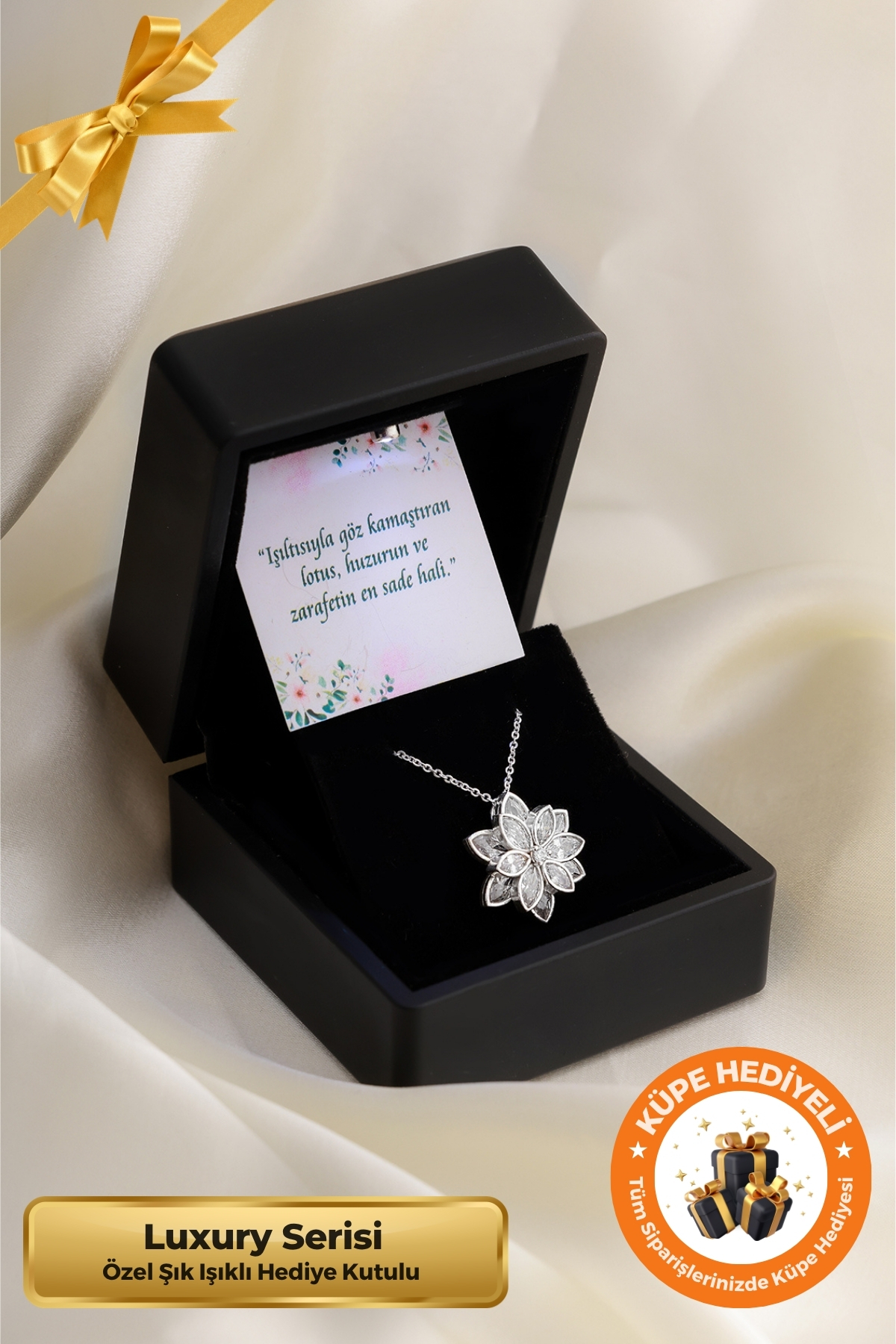 Lucente Jewellery Işıklı Hediye Kutulu Beyaz Lotus Çiçeği 925 Ayar Gümüş Kaplama Hediyelik Aşk Şans Bereket Kolye