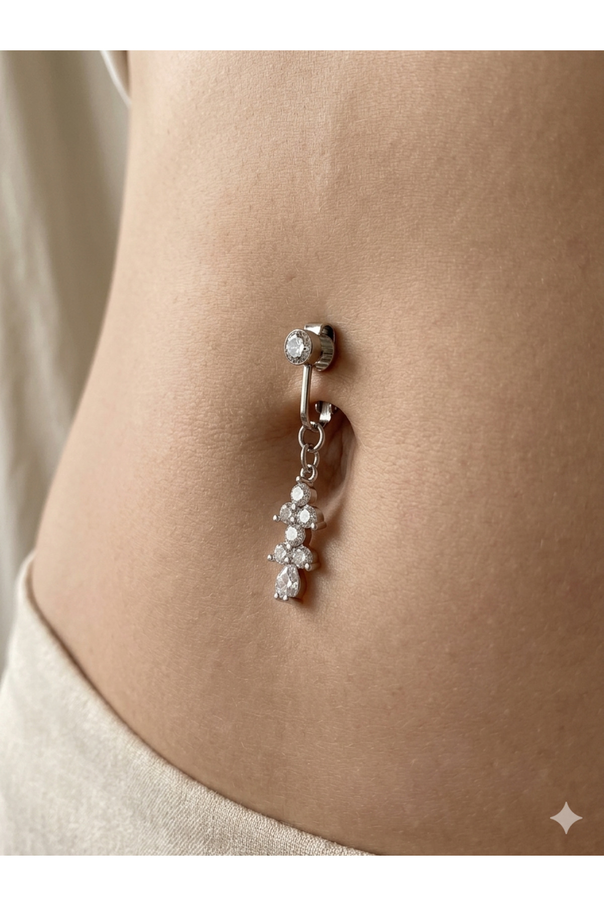 kurukafagift Çelik Göbek Piercing Mıknatıslı Deliksiz Kullanım Sıkıştırmalı Çiçek Sallantılı Uzun Model