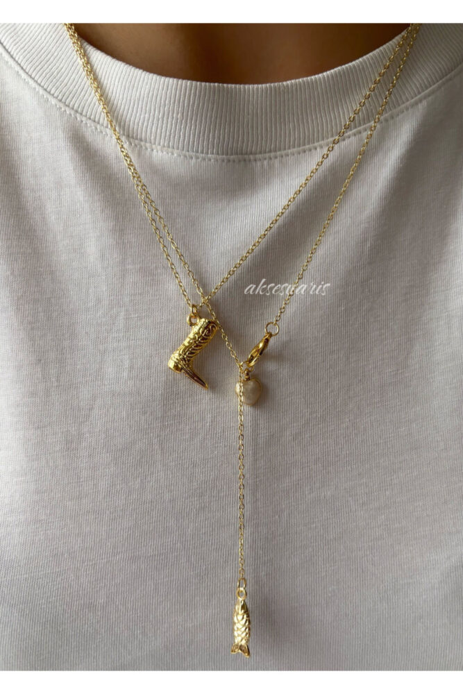 aksesuaris 2'li Kovboy Dekolte Charm Gold Kolye Set - Görsel 2