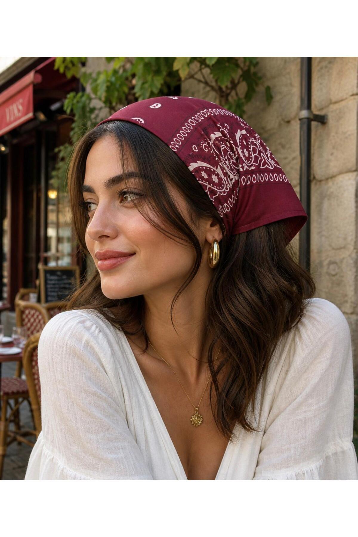 ÖrgüYastik % 100 Pamuk Etnik Desen Bandana - Fular ( BORDO )