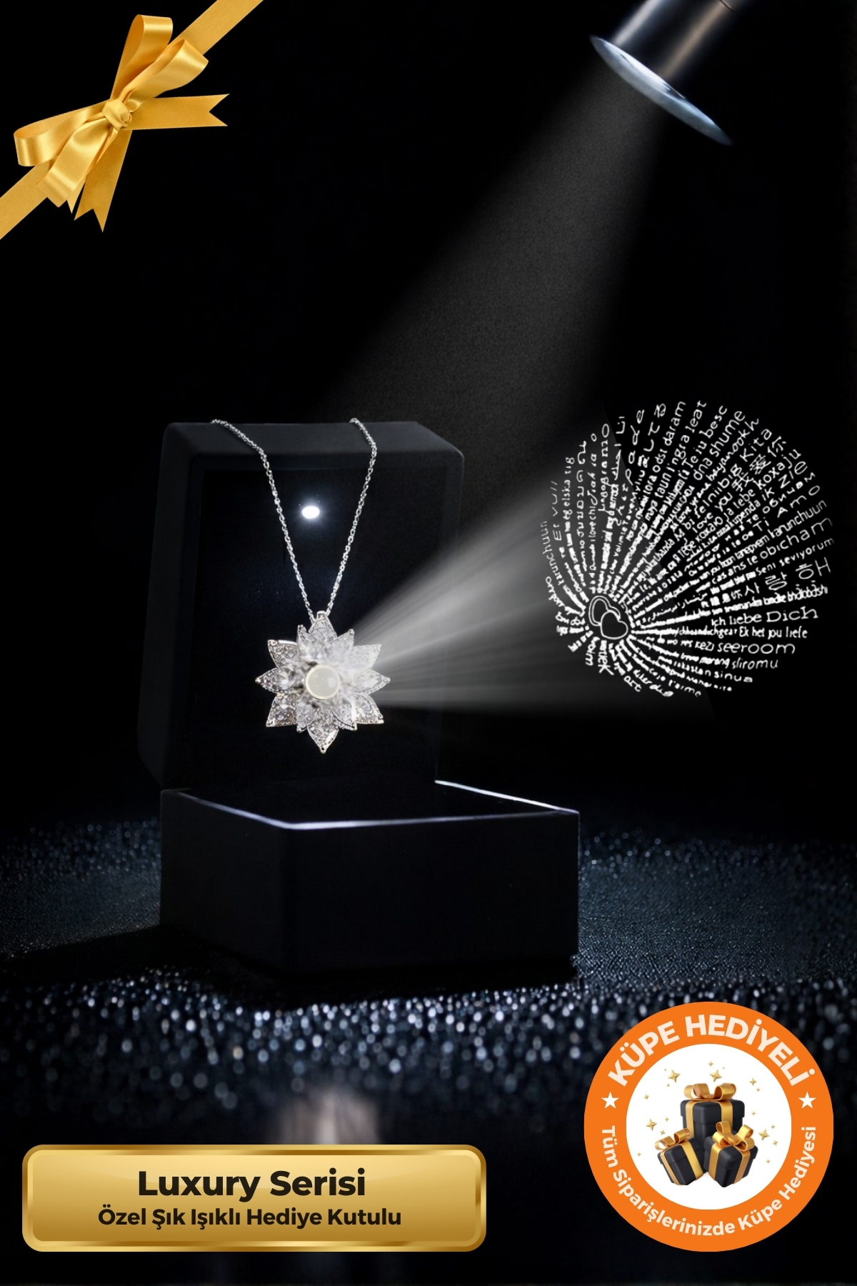 Lucente Jewellery Işıklı Hediye Kutulu 100 Dilde Seni Seviyorum Yazan 925 Ayar Gümüş Kaplama Aşk Lotus Çiçeği Kolye