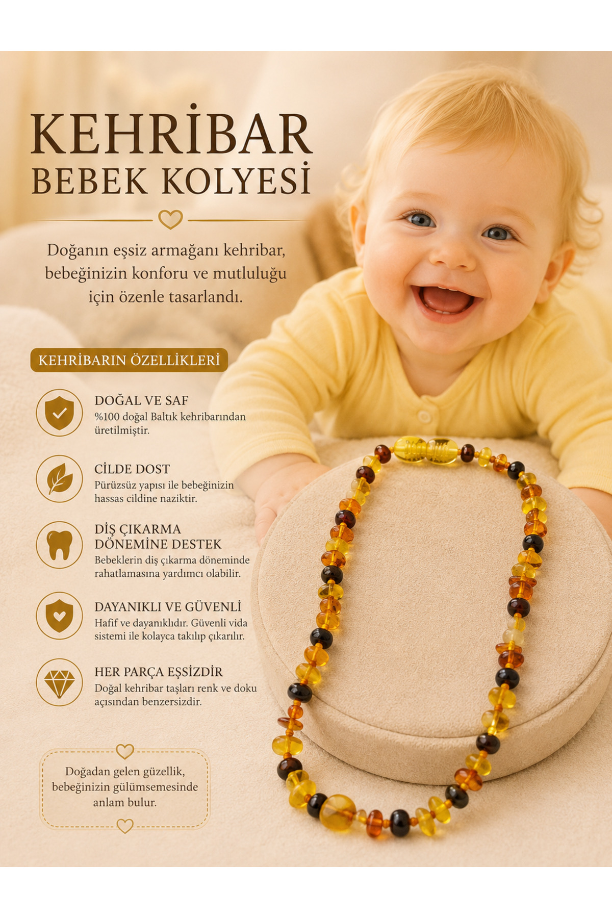 OSMANLI DOĞAL TAŞ Sertifikalı Bebek Kehribar Diş Çıkarma Kolyesi - Orijinal Doğal Taş Kutulu Bebek Kolyesi (33-35 cm)