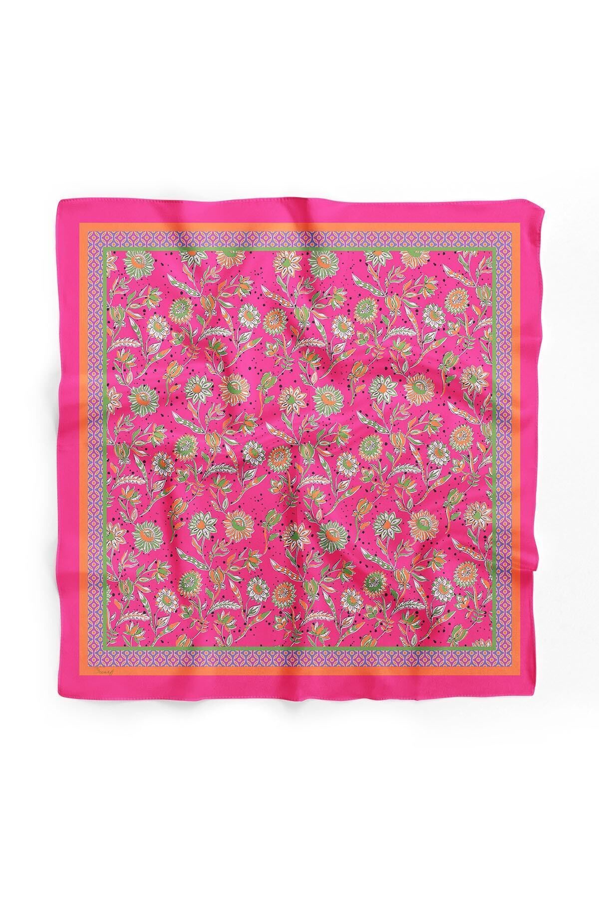 D scarf Kadın Pembe Çiçek Desenli Fular Bandana
