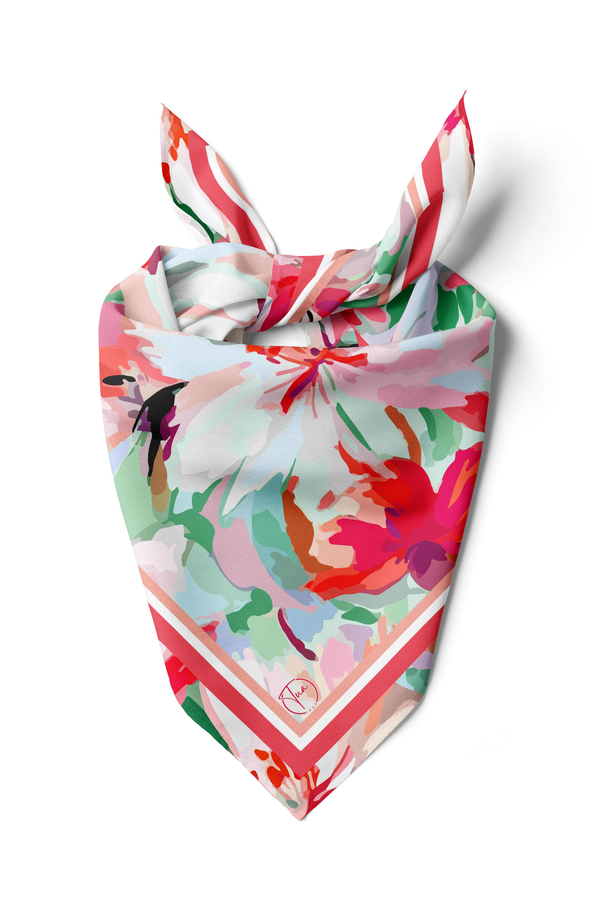 tuaipek Pudra ve Yeşim Floral Desen 55x55cm Bandana/Fular