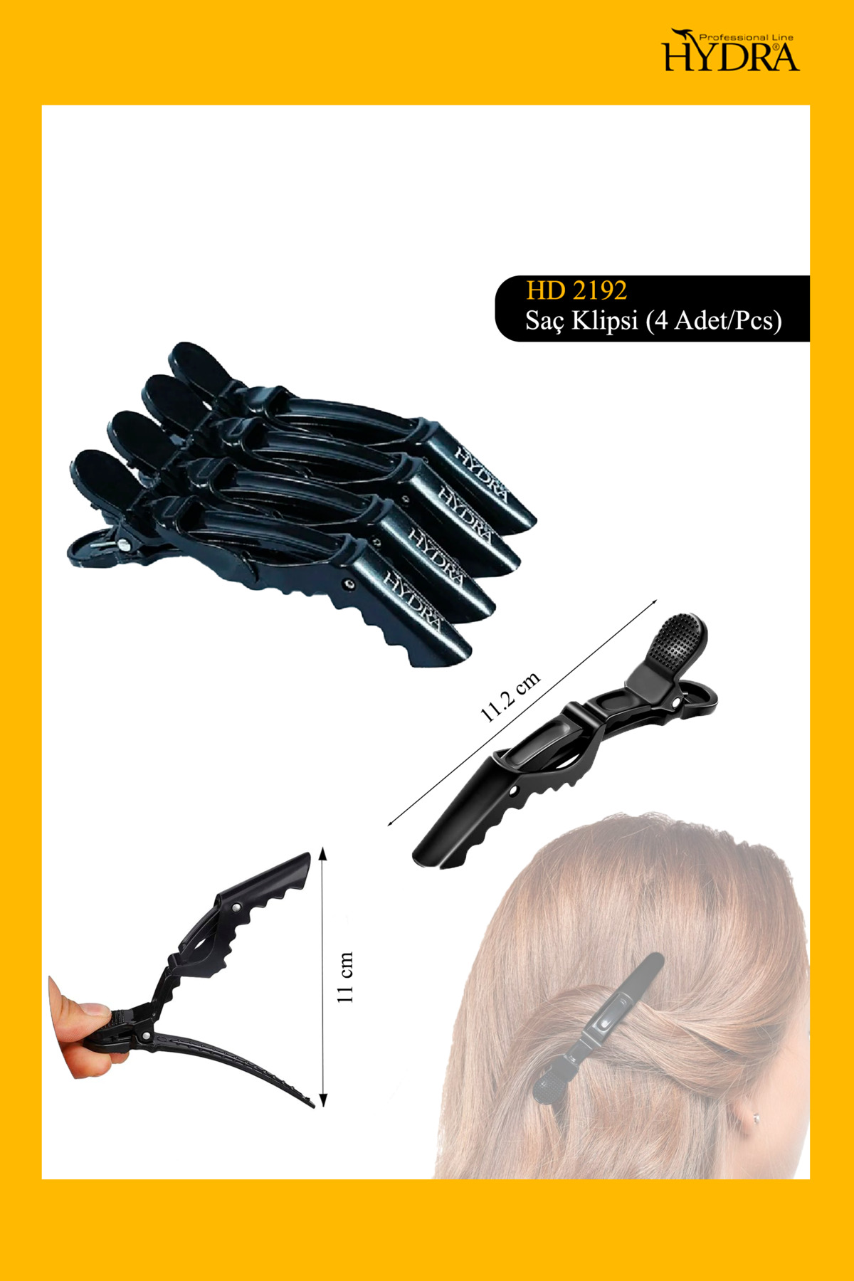 Hydra Professional Line 4'lü Saç Pensi Hd-2192 Siyah - Kuaför Tipi - Mandallı Saç Tutucu Klips