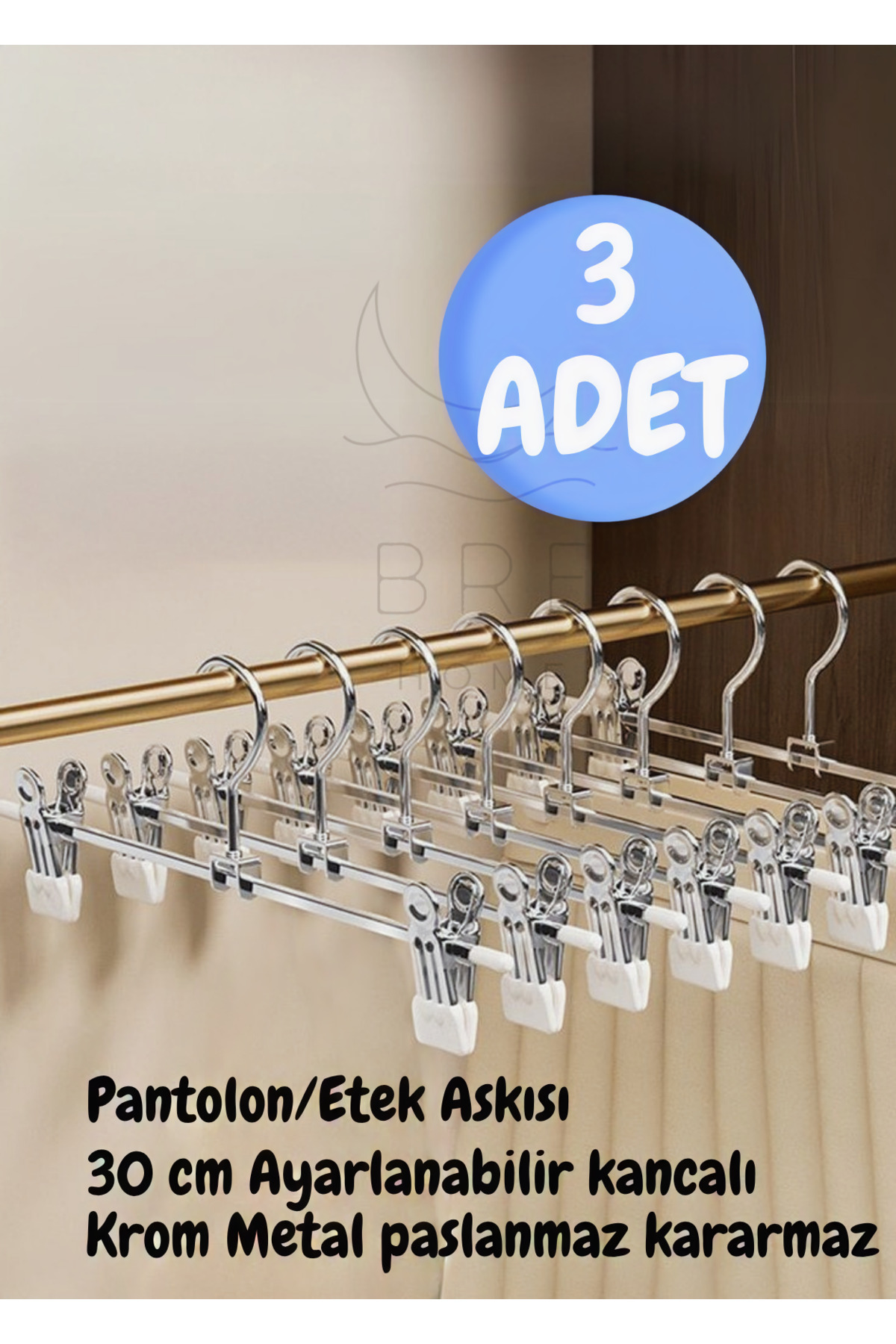 BRE HOME 3 Adet Ayarlanabilir Klipsli Pantolon Etek Elbise Askısı Krom Metal