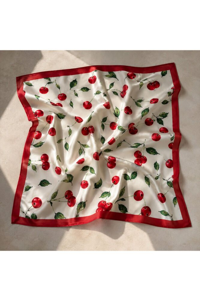 Wega Moda Kiraz Desenli 0 Pamuk 55x55 cm Kare Fular Bandana – Saç, Boyun ve Çanta Aksesuarı