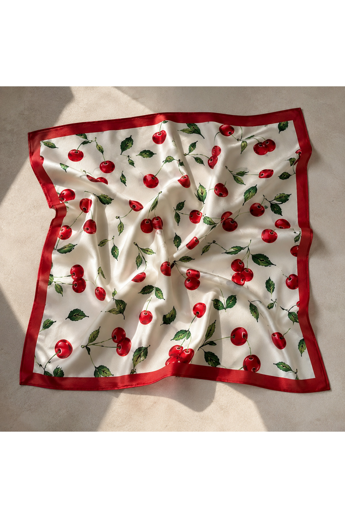 Wega Moda Kiraz Desenli 0 Pamuk 55x55 cm Kare Fular Bandana – Saç, Boyun ve Çanta Aksesuarı