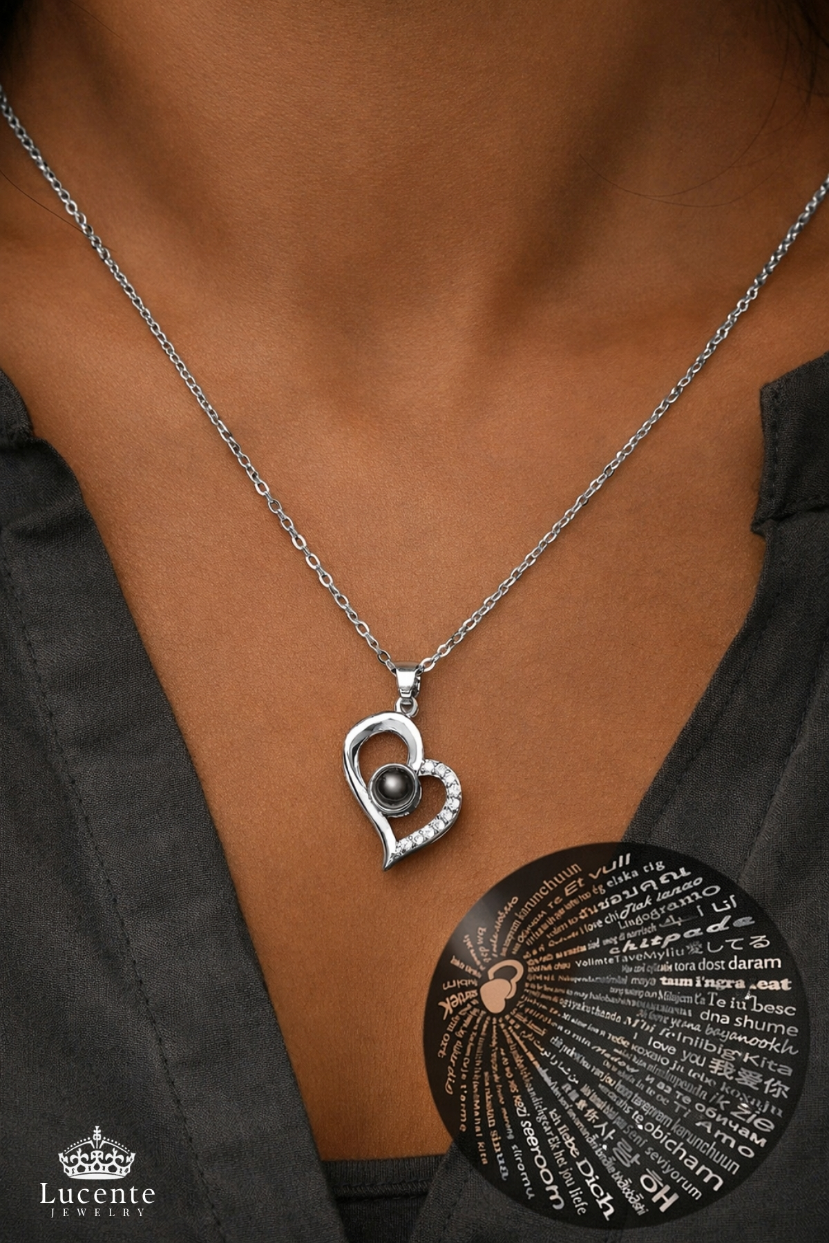 Lucente Jewellery 925 Ayar 100 Dilde Seni Seviyorum Yazan Gümüş Kaplama Kalpli Aşk Bereket Şans Kalp Tasarım Kolye - Görsel 3