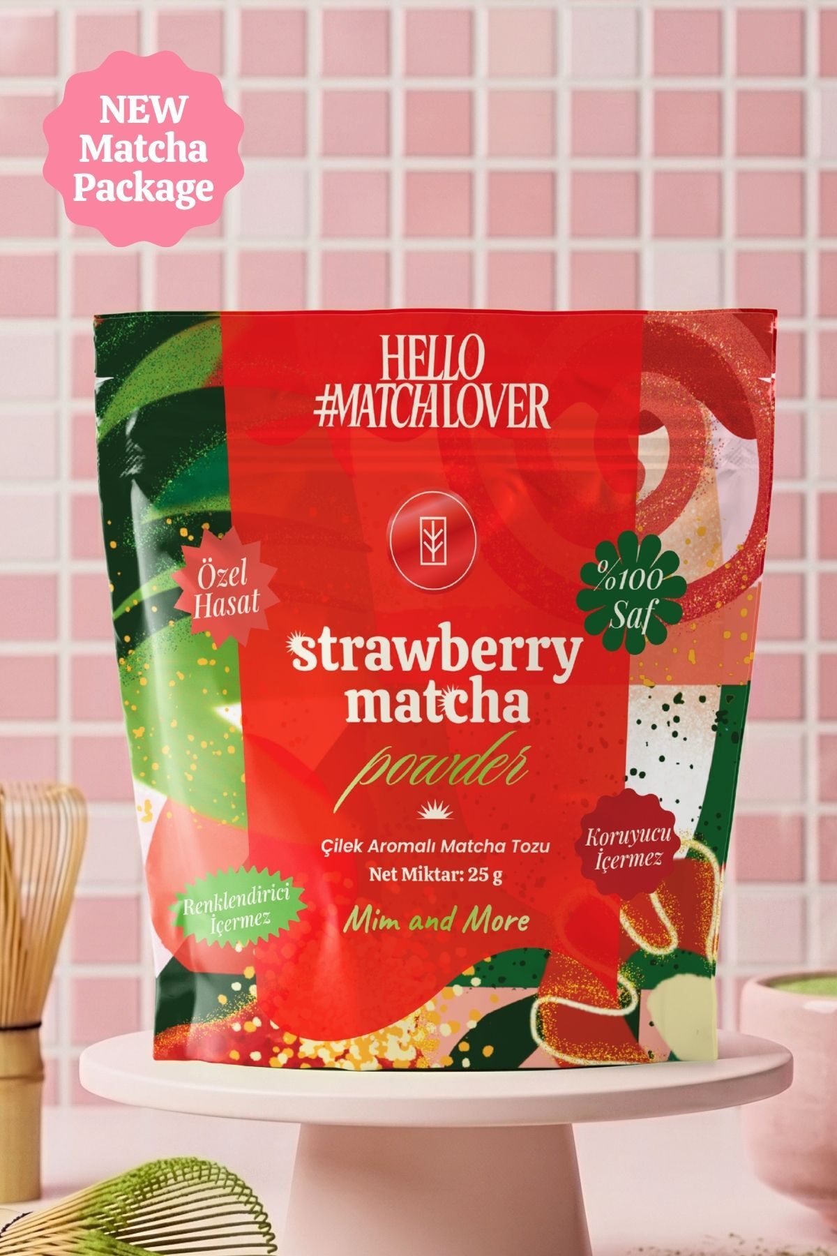 Mim and More Strawberry Matcha Powder - Çilek Aromalı Matcha Tozu Doypack, 25 gr