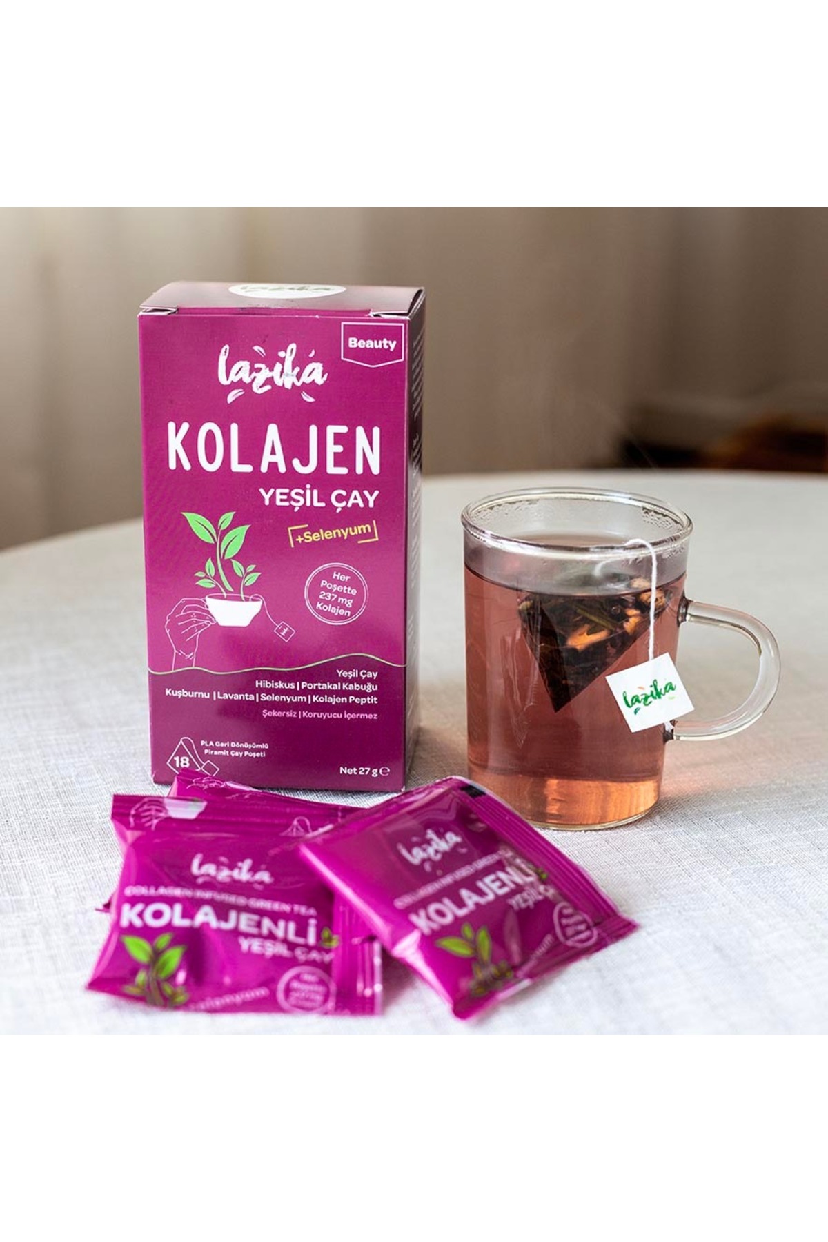 LAZİKA (3'LÜ SET) Avantajlı Kolajenli Yeşil Çay Seti-Cilt ve Eklem Sağlığı,Hibiskus,Kuşburnu,Selenyum... - Görsel 3
