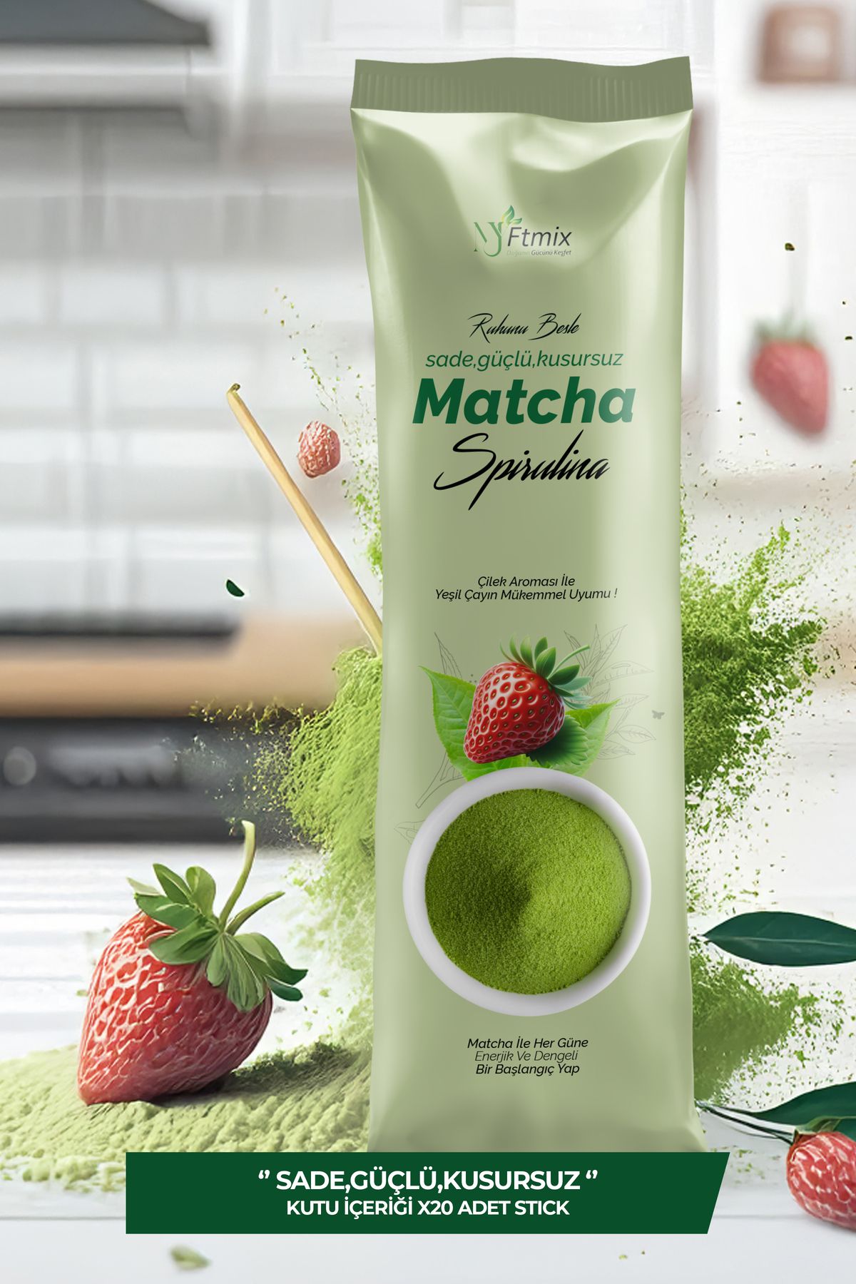 myftmix doğanın gücünü keşfet Matcha Spirulina İle Desteklenen Çilek Aromalı 20’li Stick