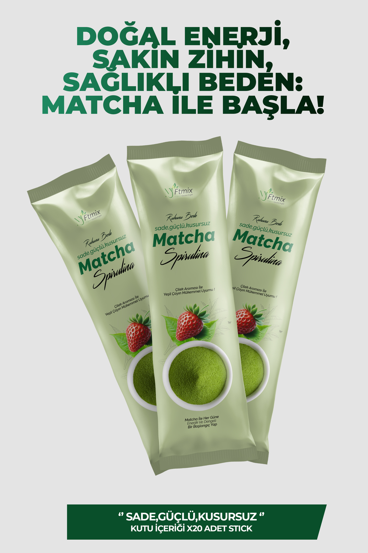 myftmix doğanın gücünü keşfet Matcha Spirulina İle Desteklenen Çilek Aromalı 20’li Stick - Görsel 3