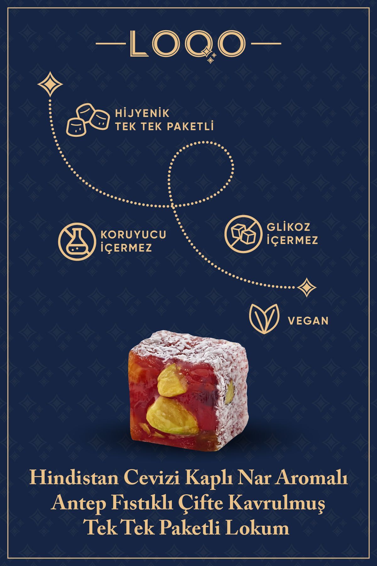 LOQO Nar Aromalı Antep Fıstıklı Çifte Kavrulmuş Lokum 500 Gr (Tek Tek Paketli) 1015 - Görsel 3