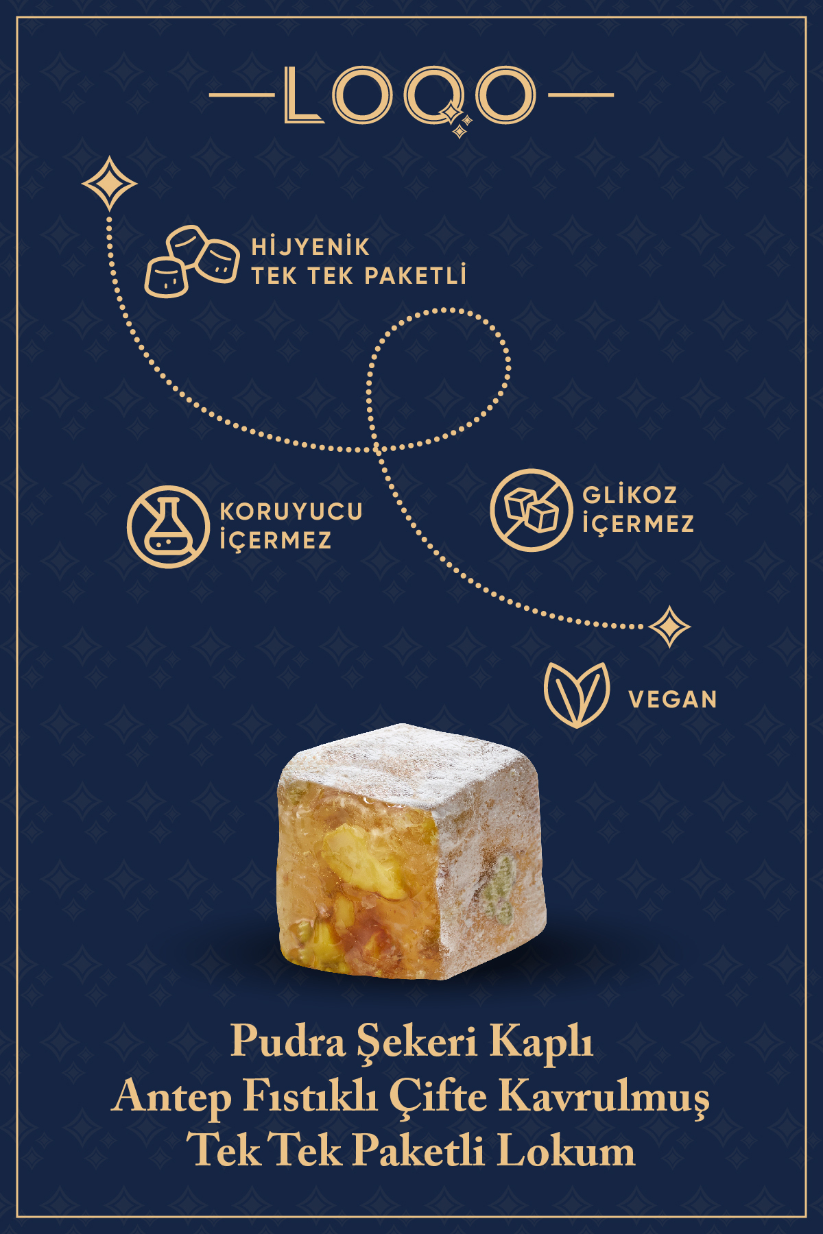 LOQO Pudra Kaplı Antep Fıstıklı Çifte Kavrulmuş Lokum 500 Gr (Tek Tek Paketli) 1033 - Görsel 3