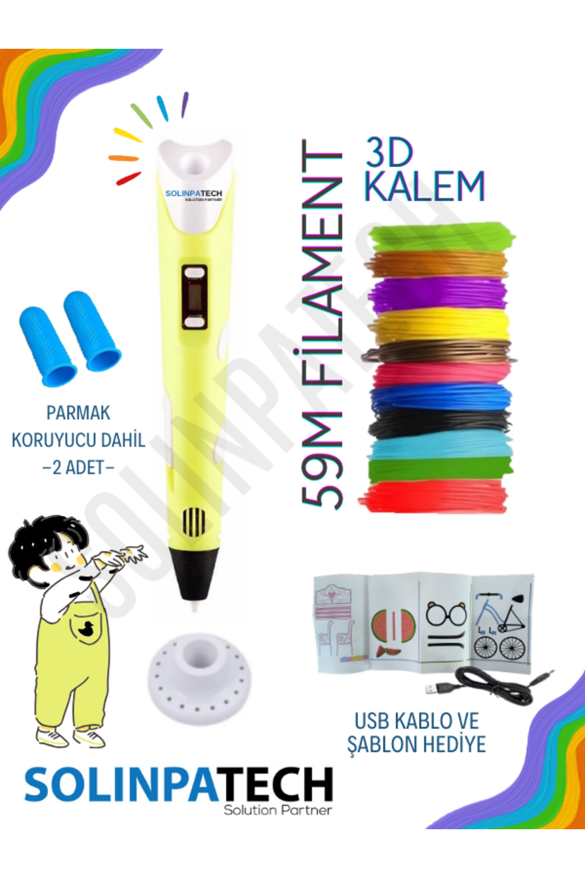 SolinpaTech Sarı 3d Kalem 3d Pen Yazıcı Kalem | Çok Renkli (TOPLAM 59 METRE) Filament Usb Kablo