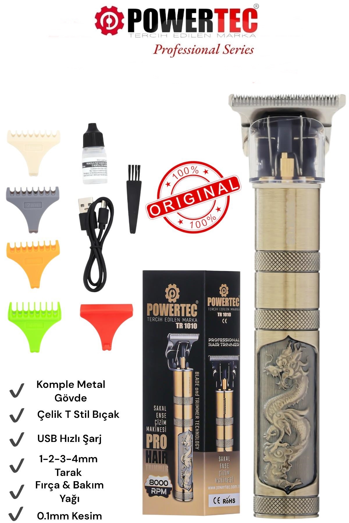 Powertec TR-1010 Profesyonel Usb Şarjlı Lazer Öncesi Tüm Vücut Sakal Ense Tıraş ve Çizim Makinesi
