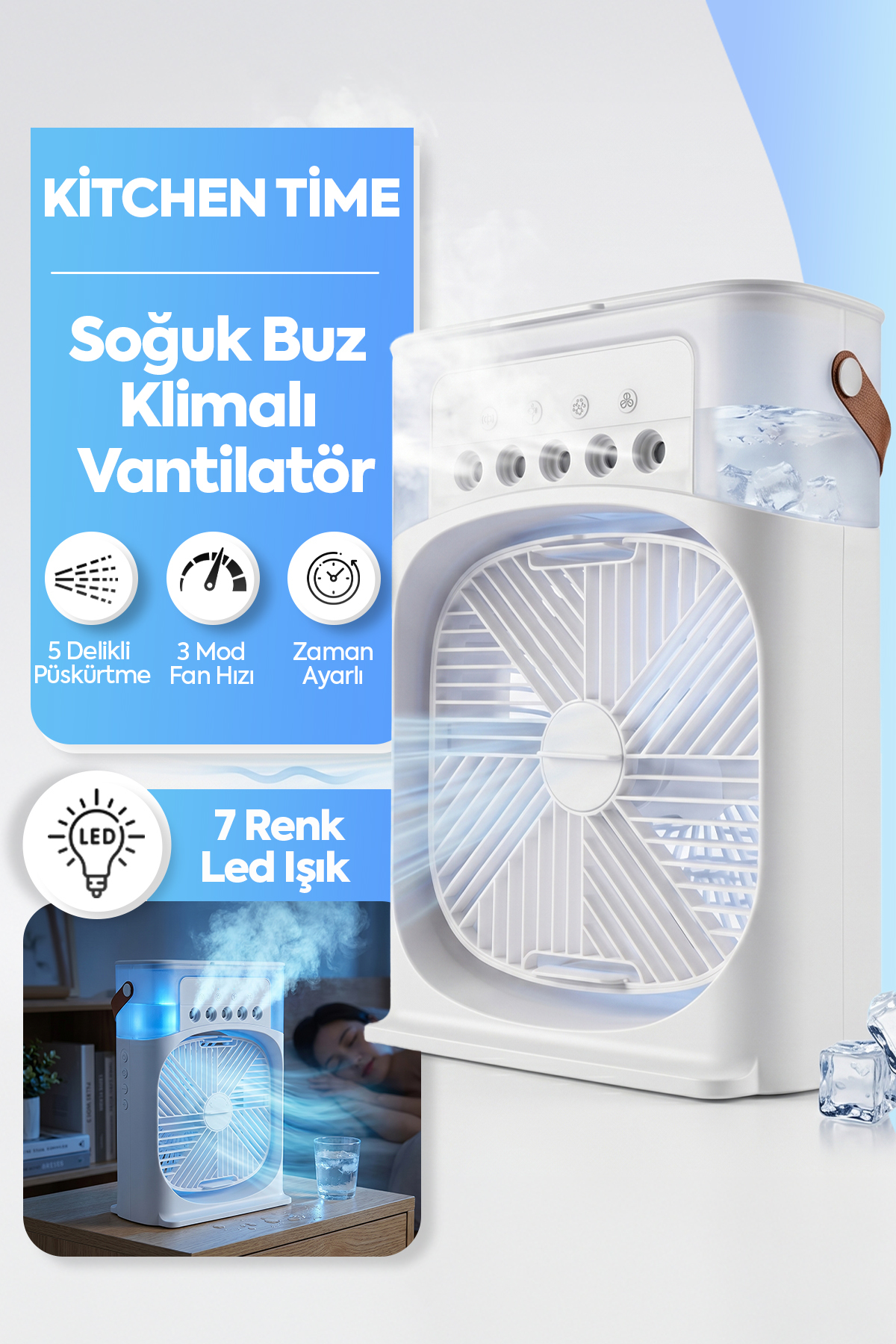 Kitchen Time Yenilenmiş 3'ü 1 Arada Nemlendirici Vantilatör,buzlu Klima ,gece Lambası Ve Soğuk Buz Masa Tipi Fan