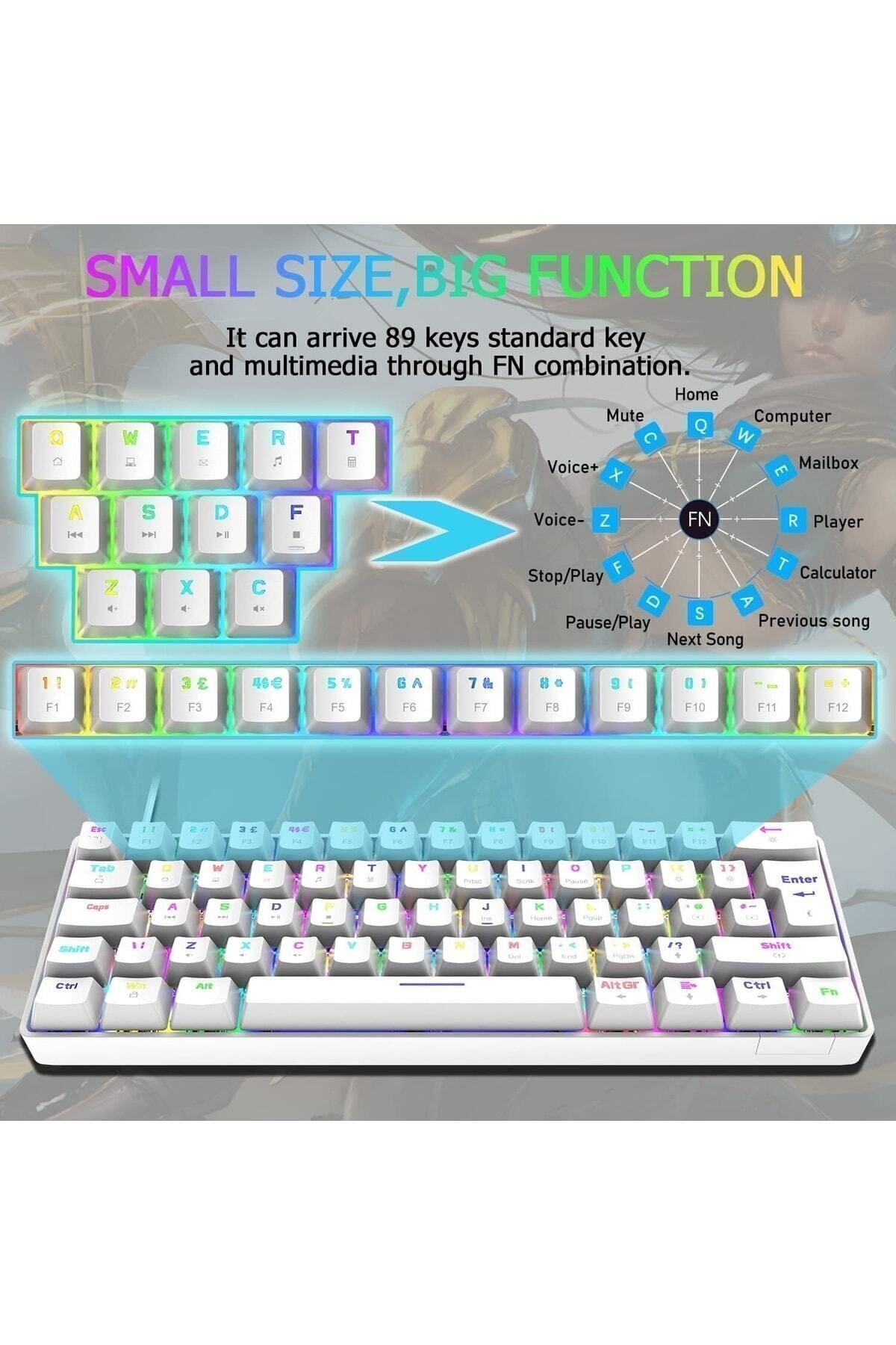 VOOKA Trol Red Switch Mini Rgb Oyun Klavyesi Gaming Mekanik 62 Tuşlu 18 Led Usb Type-c Kablosu Beyaz LCD - Görsel 3