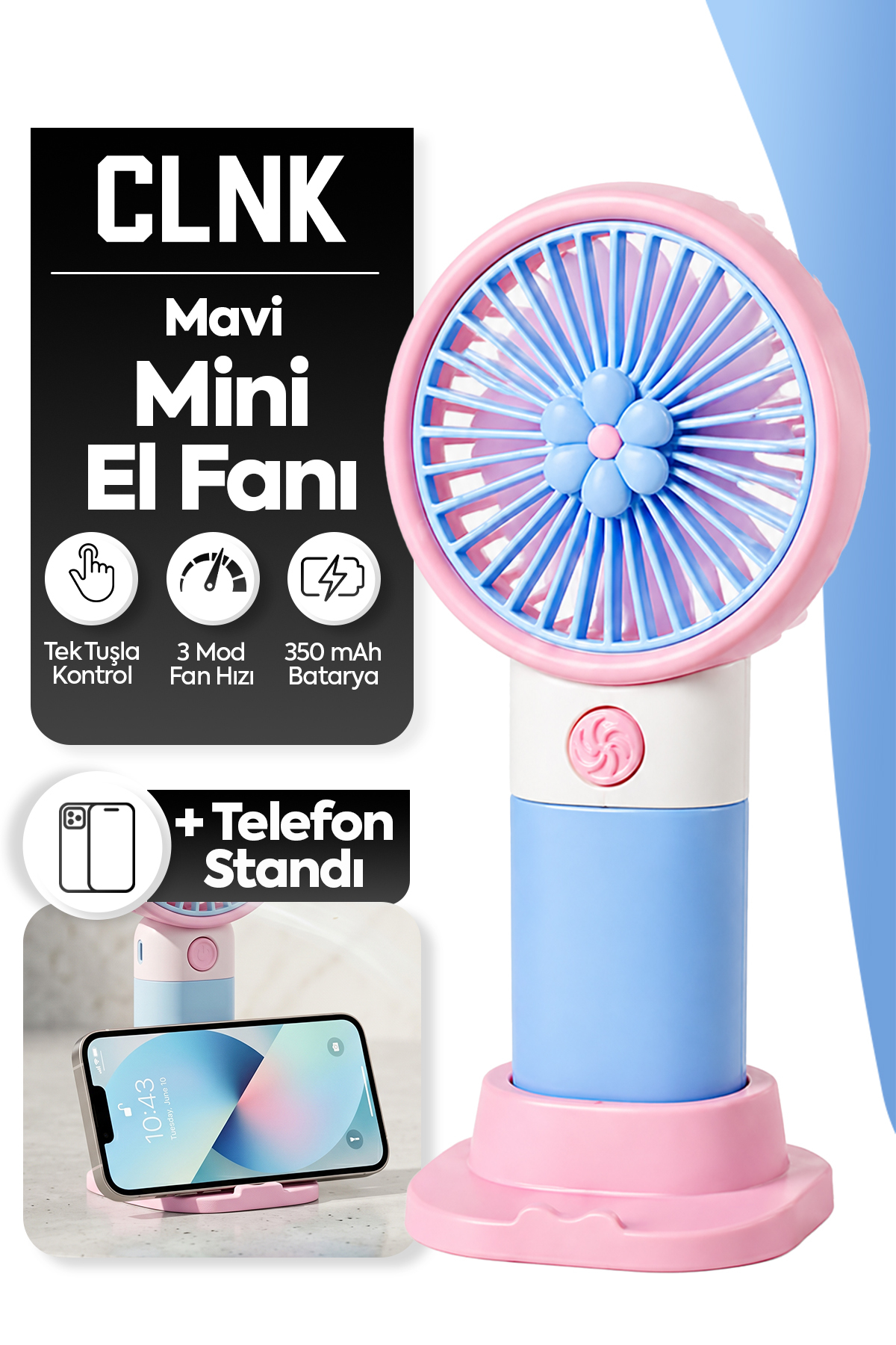 CLNK Pembe Çiçek Tasarım 3 Kademe Sessiz Mini El Masa Fan Vantilatör Turbo Üfleme Kademe Taşınabilir Fan