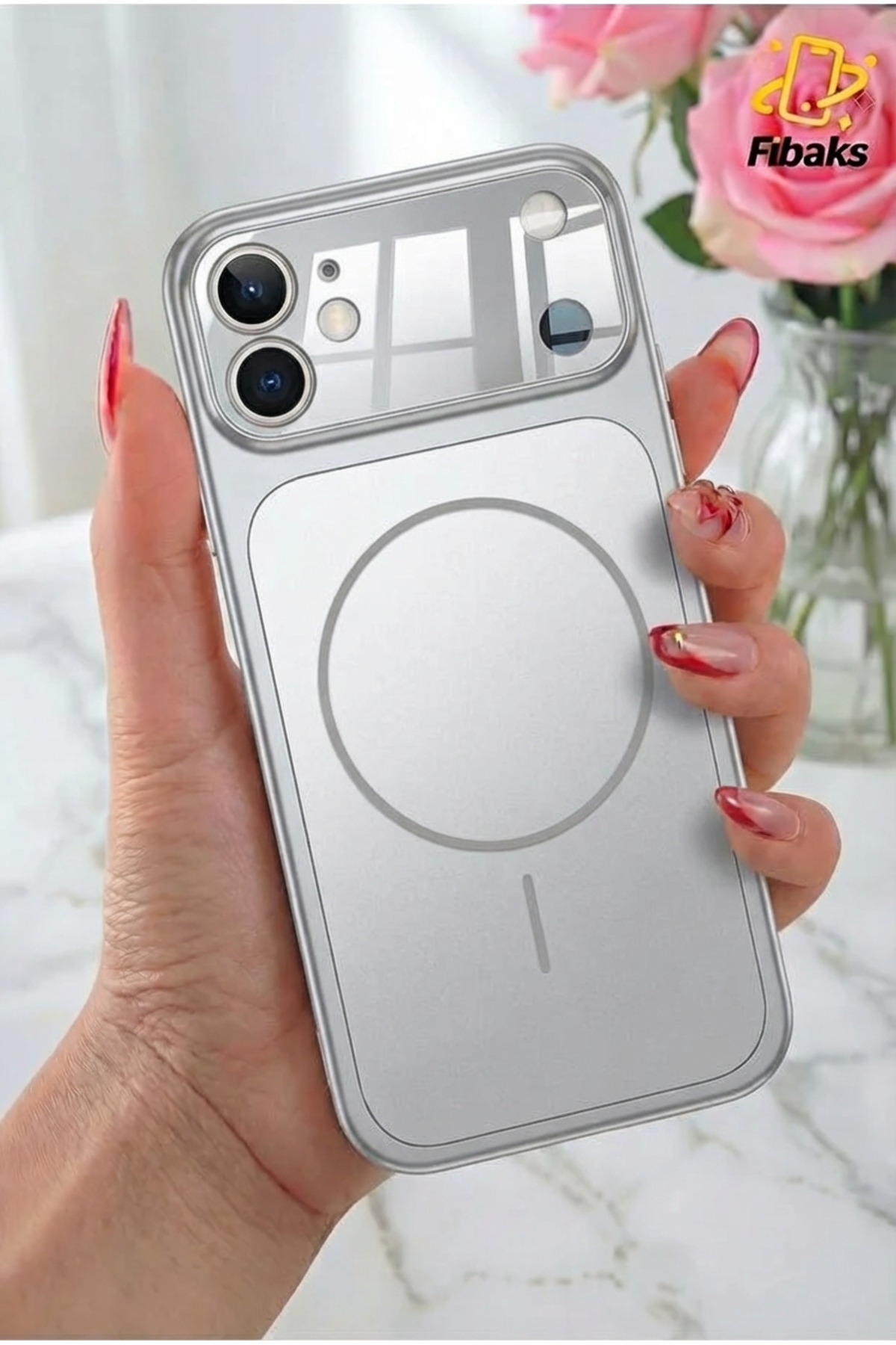 Fibaks iPhone 11 Kılıf 17 Pro Max Çevirici MagSafe Kamera Lens Korumalı Camlı Dönüştürücü Gümüş
