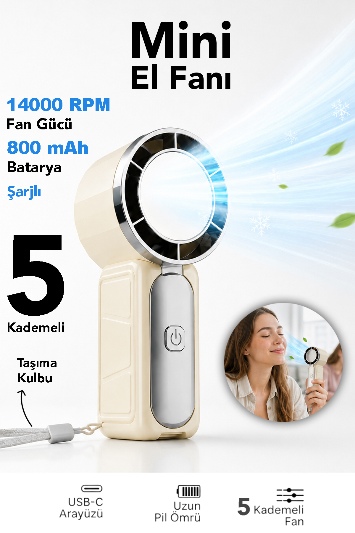 mimtec Taşınabilir Mini El Fanı - 800mAh USB Sarjlı Soğutucu 5 Kademeli Mini Vanitalatör Bej