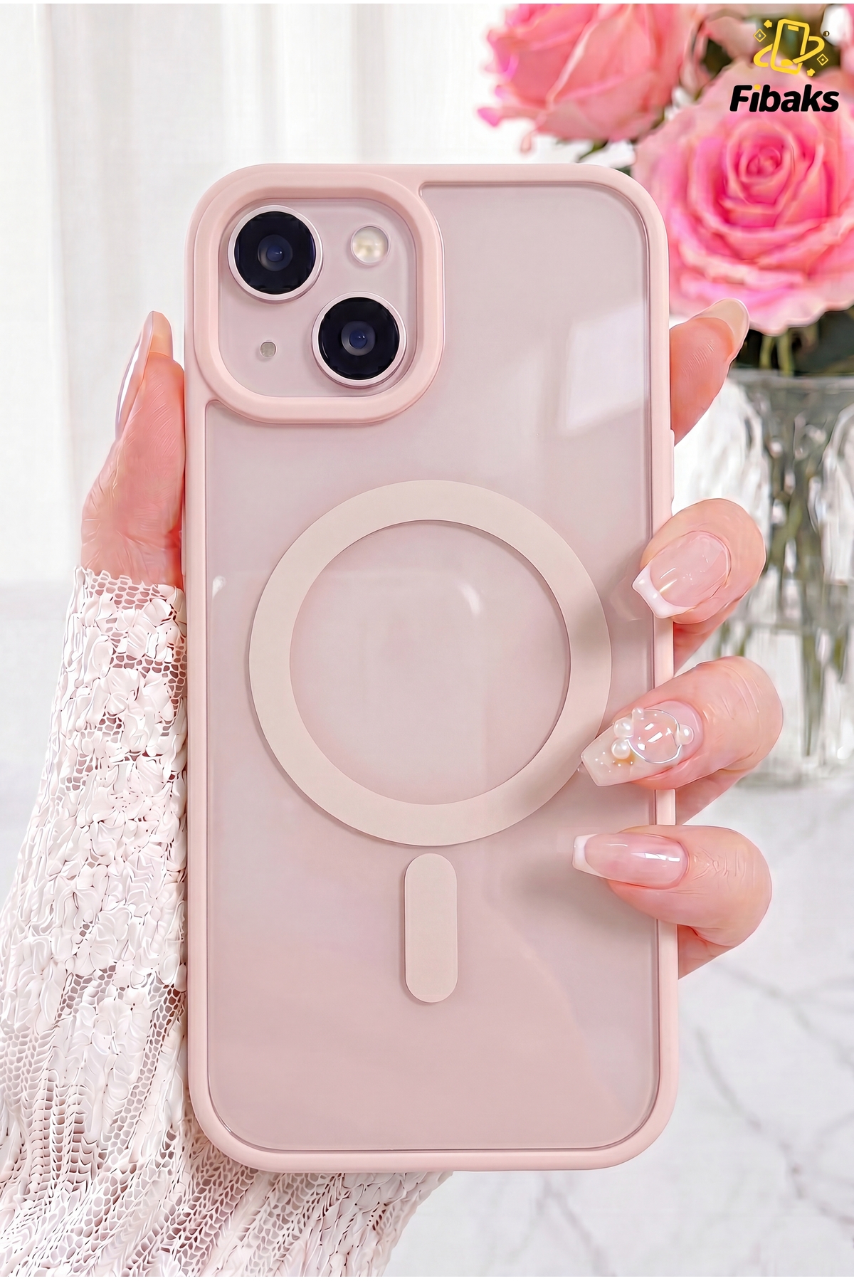 Fibaks iPhone 13/14/15 Kılıf Magsafe Wireless Şarj Özellikli Tam Koruma Renkli Sert Silikon Rose