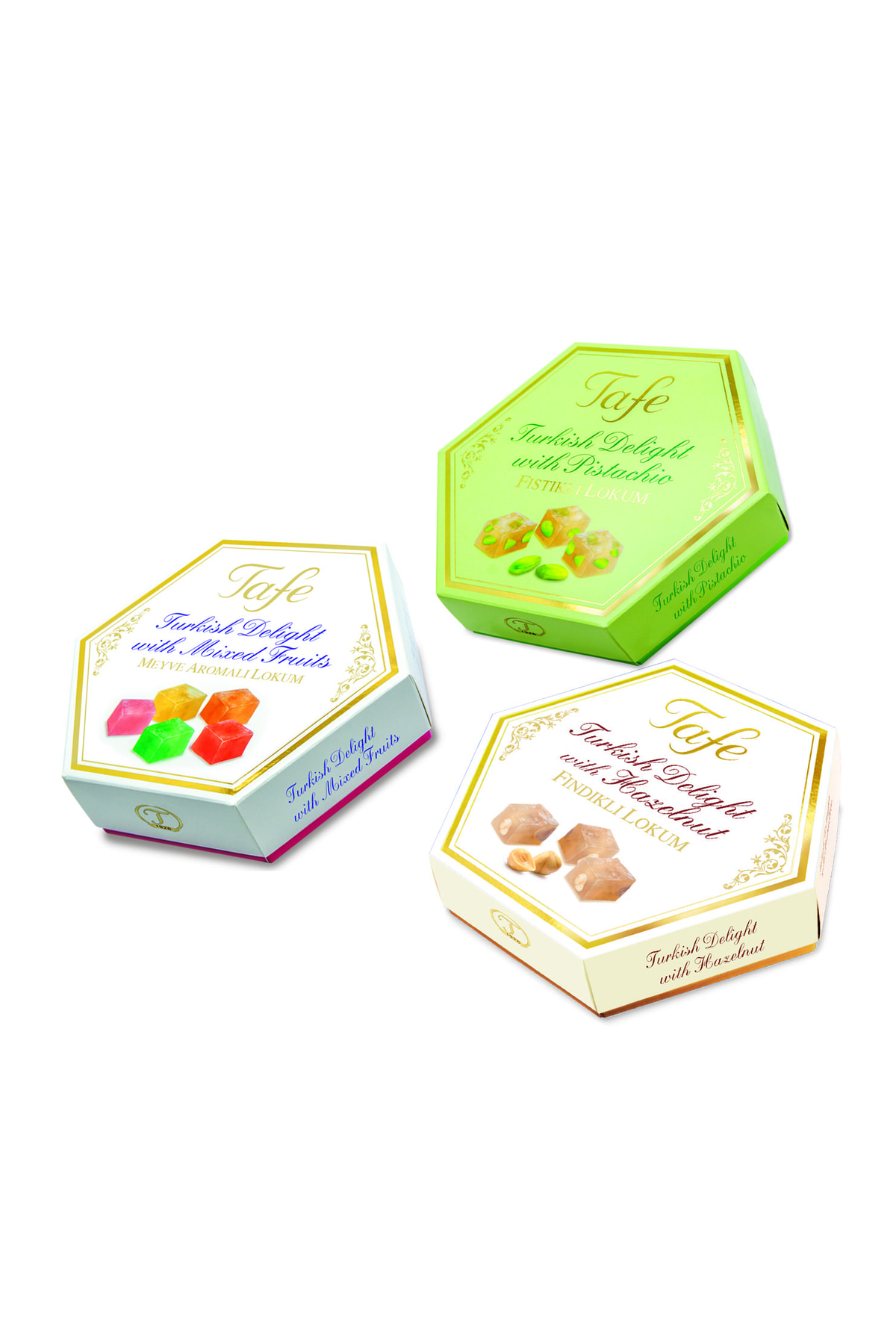 TAFE Lokum 3'lü Paket Fıstıklı , Fındıklı Ve Karışık Meyve Aromalı Altıgen Kutu