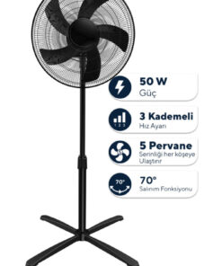 KUMTEL KTF-355 Siyah 16 İnç Ayaklı Vantilatör 50 W,3 Pervaneli,3 Kademeli, 121 cm Yükseklik